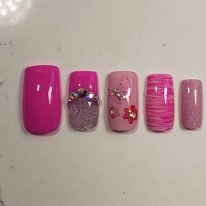 Custom Gel Press on Nails Handmade 10 pc set SMALL pink flower butterfly bling
